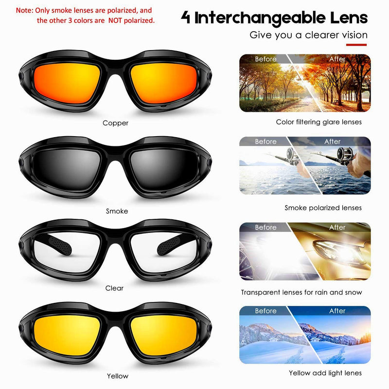 [Australia - AusPower] - kemimoto Polarized Motorcycle Glasses, Riding Goggles with 4 Lens Kit for Outdoor Activities Black 