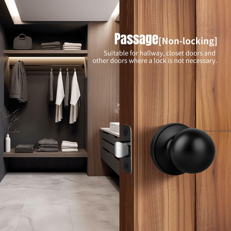 [Australia - AusPower] - Moquin Round Ball Style Passage Door Knob, No Lock Interior Door Knob, Keyless Doorknob for Hall Closet Pantry, Matte Black Finish 1 Pack Passage-NO Lock & NO Key 