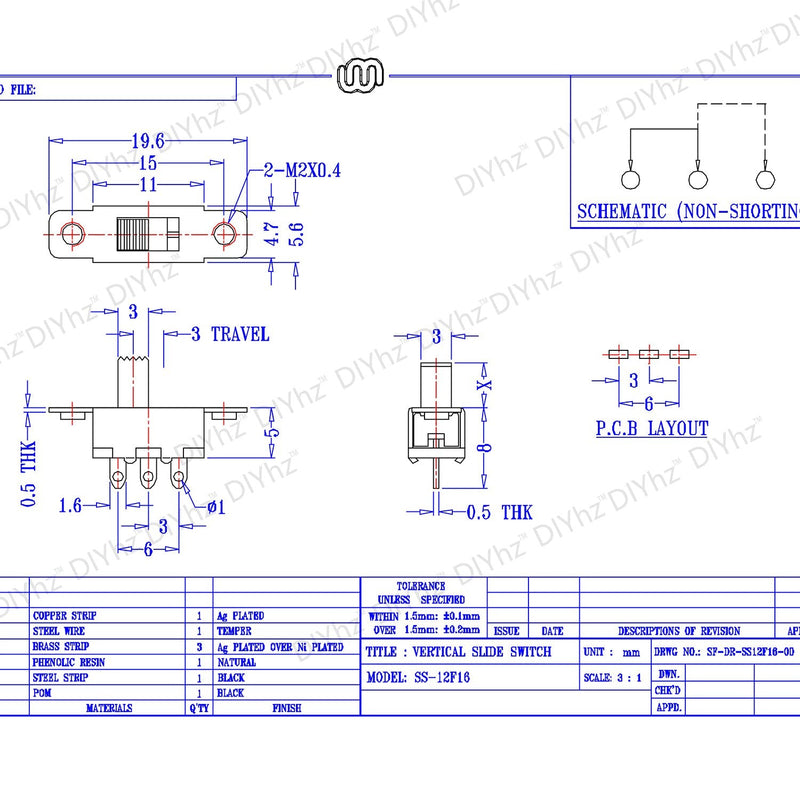 [Australia - AusPower] - DIYhz Slide Switch Panel Mount 3 Solder Lug Pin ON/Off 2 Position 50Pcs 
