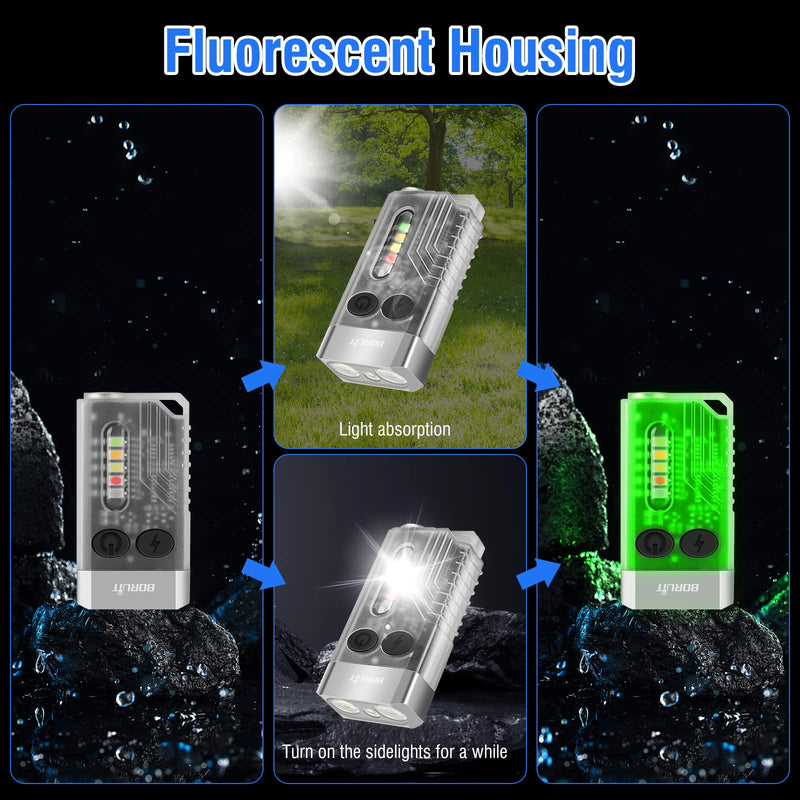 [Australia - AusPower] - BORUIT V10 Small Powerful Flashlight with 365nm UV Black Light - Super Bright 1000 LM, USB C Rechargeable LED Keychain Flash Light with COB Side Light, Magnet Buzzer- 12 Modes, IPX4 Pocket Flashlight White 