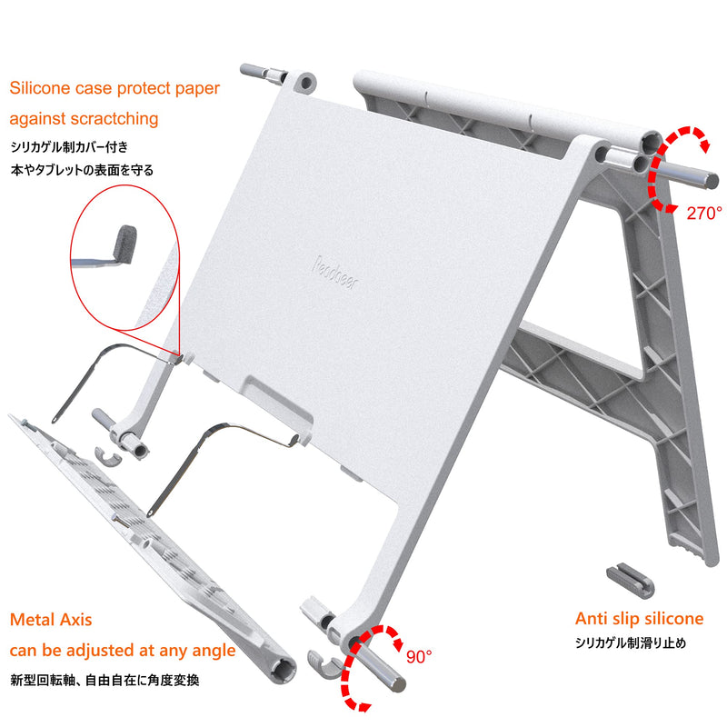 [Australia - AusPower] - Readaeer Portable Book Stand Free Angle Adjustable Book Holder for Reading Textbook Foldable Lightweight Book Rest (White) White 