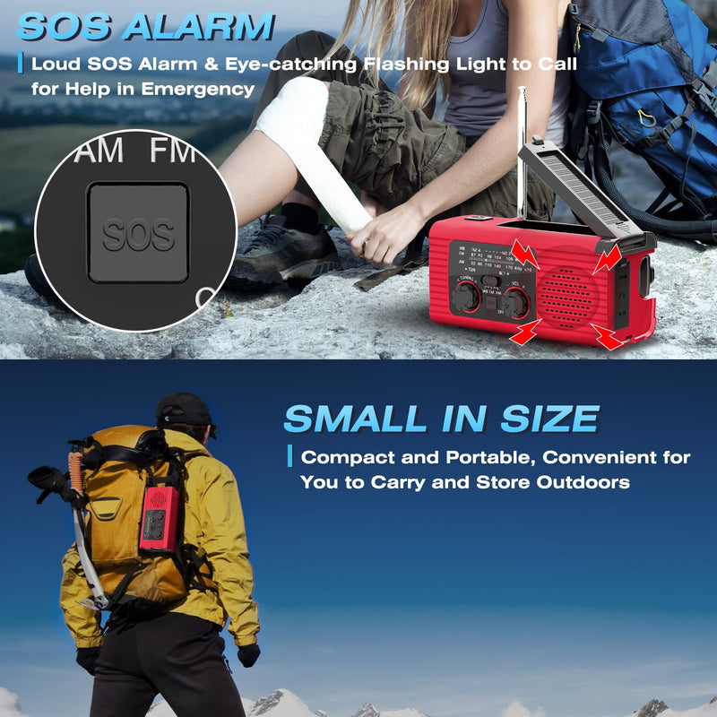 [Australia - AusPower] - 【2023 Newest】 NOAA Emergency Weather Radio, 4000mAh Weather Alert Radio Solar Charging, Hand Crank & USB Charged, AM/FM Radio with LED Flashlight, Reading Lamp, SOS Alarm, Headphone Jack for Outdoor Red 
