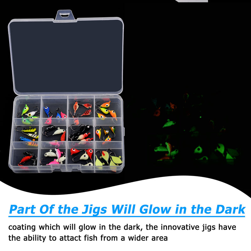 [Australia - AusPower] - Ice Fishing Jigs Lures kit,48pcs Luminous Ice Fishing Gear Crappie Panfish Jigs Head Fishing Hooks Set for Winter Ice Jigging Walleye Perch Bluegill 