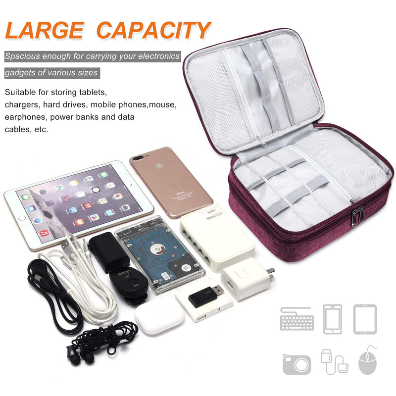 [Australia - AusPower] - Electronic Bag Travel Cable Accessories Bag Waterproof Double Layer Electronics Organizer Portable Storage Case for Cable, Cord, Charger, Phone, Adapter, Power Bank, Kindle, Hard Drives Purple 