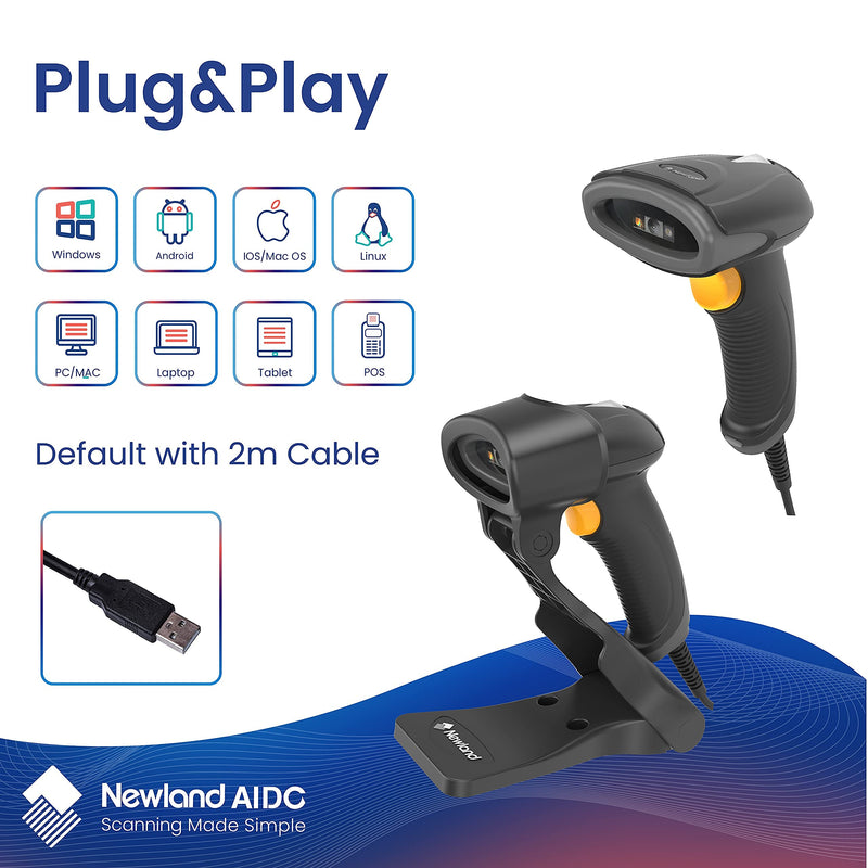 [Australia - AusPower] - Newland HR2081 2D Barcode Scanner with Stand Handheld USB Wired QR PDF417 Data Matrix 1D Bar Code Scanner Reader Extremely Fast and Precise Auto Scan Gun for Windows/Mac/iOS/Android/Linux/POS 