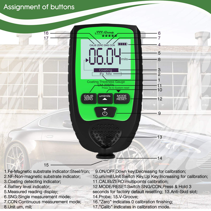 [Australia - AusPower] - Coating Thickness Gauge CM-205FN | Best Digital Meter for Automotive Paint Thickness Measurement | Resolution 0.01mils | F/NF Automatic Detection 