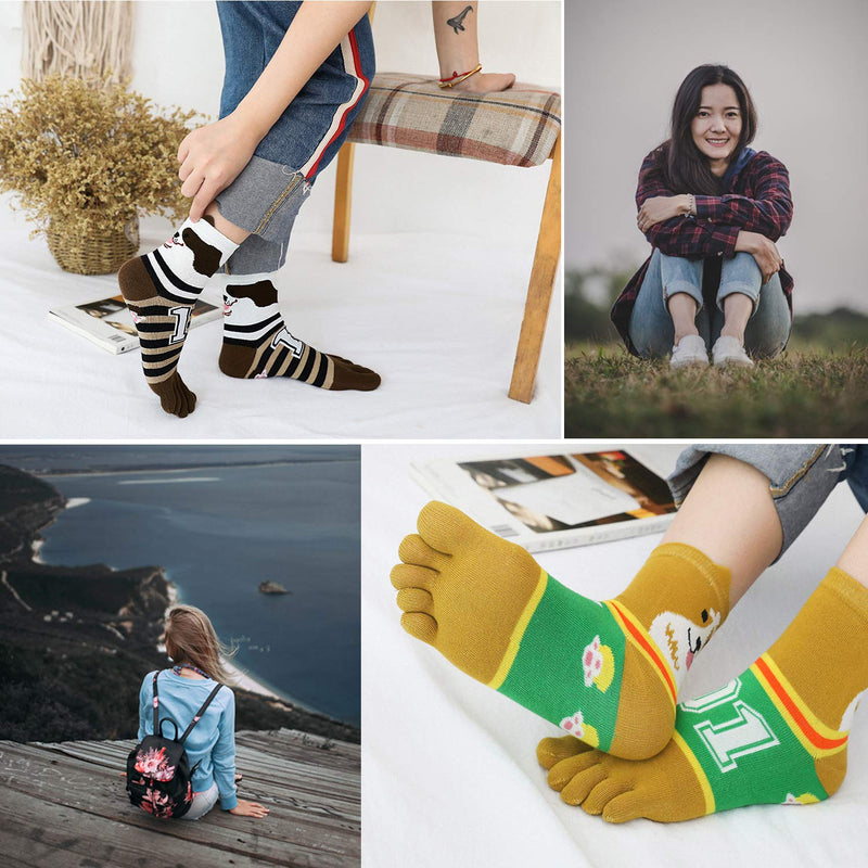 [Australia - AusPower] - Women's Toe Sock Cute Cat Dog Ankle Sock Cotton Athletic Running Five Finger Socks for Girls (5 Pairs) Multicolored 3 6-10 