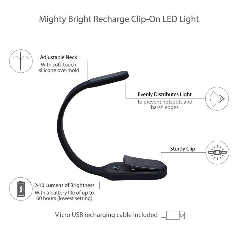 [Australia - AusPower] - The Original Mighty Bright Recharge Clip On Rechargeable Book Light Reading Light, Warm Eye Care LEDs, Flexible, Durable, Dimmable, Perfect for Kids, Bookworms, Reading in Bed, Lasts 60 Hours (Black) Black 