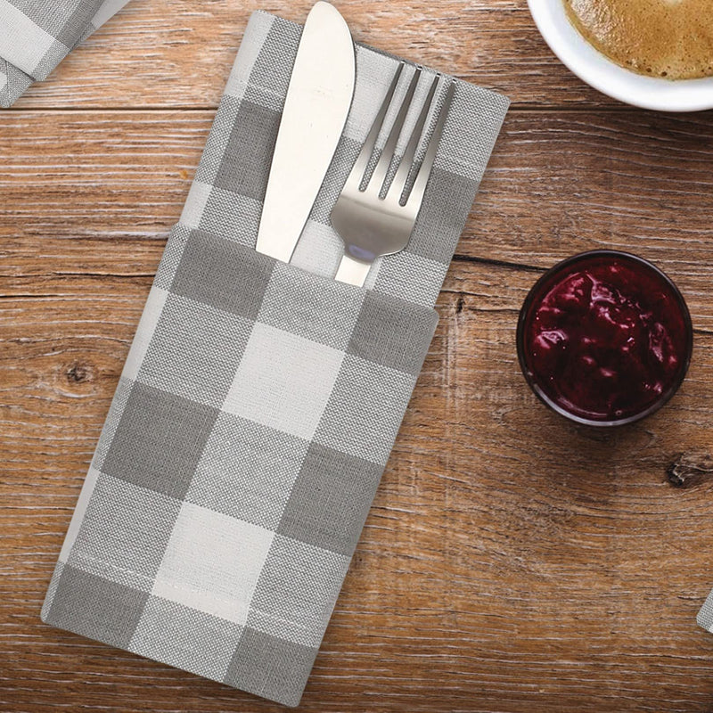 [Australia - AusPower] - Cotton Clinic 20x20 Gingham Buffalo Check Cloth Dinner Napkins Pack of 12, 100% Cotton Cocktail Napkins, Wedding Dinner Napkins with Mitered Corners and Generous Hem - Gray White Gray White Napkins Napkins 20x20 