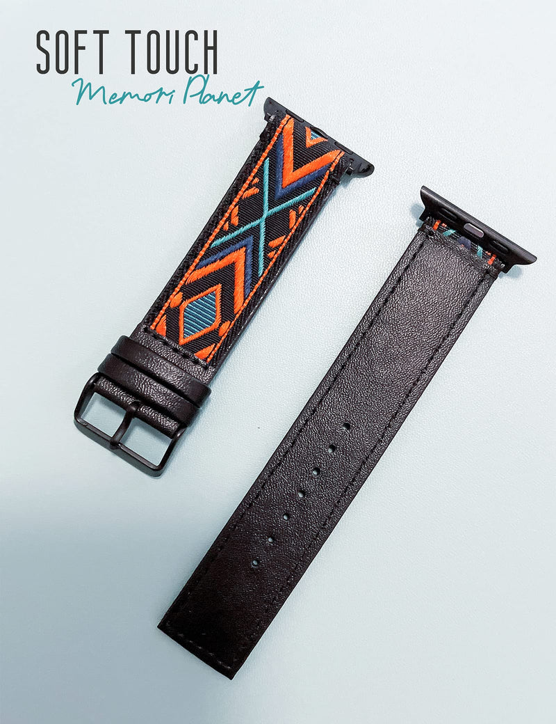 [Australia - AusPower] - Bands Compatible with Apple Watch Bands 40mm 42mm 42mm 44mm for Men and Women, Skin-friendly Geometric Tribal Pattern Leather and Cotton Woven Smartwatch Bands, Ethnic Embroidery Leather Straps 22mm Replacement Wristband for iWatch SE & Series 6/5/4/3/... 