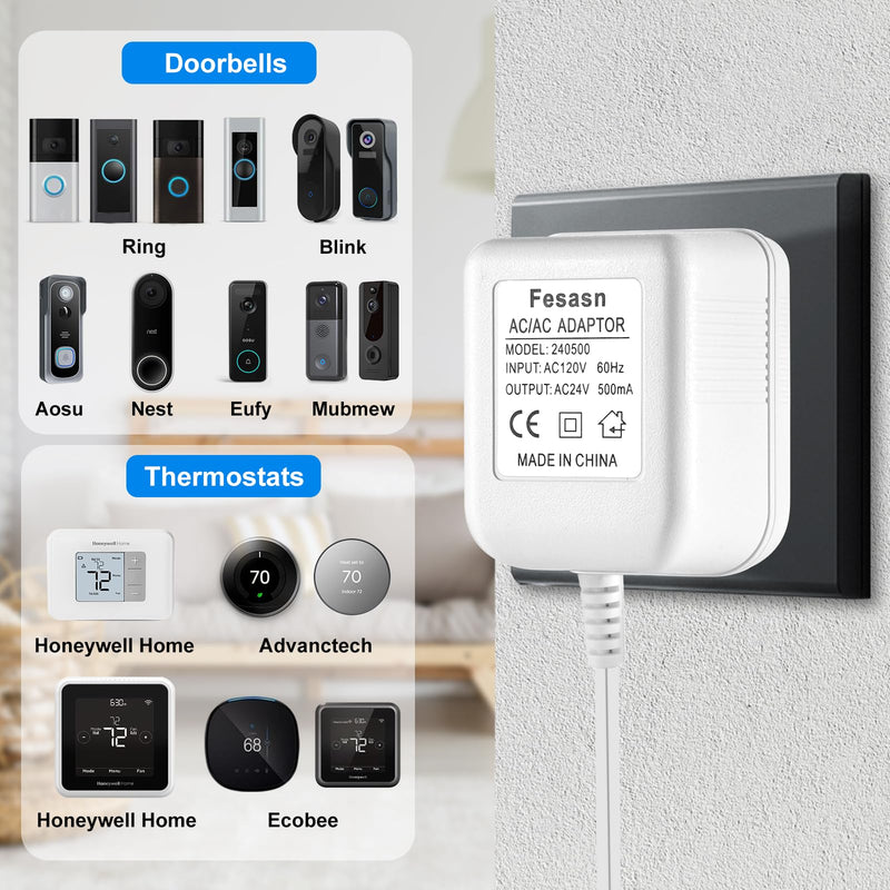 [Australia - AusPower] - Fesasn 24V C Wire Doorbell Transformer,Compatible with Ring Nest Hello Eufy and Wyze Video Ring Doorbells and Smart Thermostat(16.4 FT Long Cable with White) 16.4 FT White 
