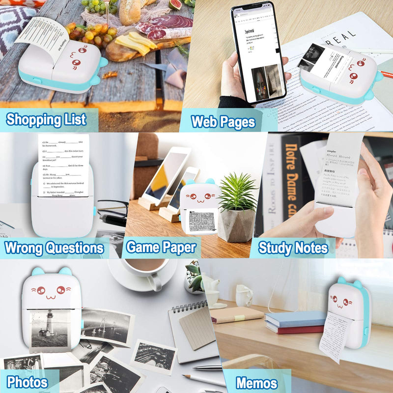 [Australia - AusPower] - Portable Printer, Mini Pocket Wireless Bluetooth Thermal Printers with 6 Rolls Printing Paper for Android iOS Smartphone, BT Inkless Printing Gift for Label Receipt Photo Notes Study Home Office, Blue 