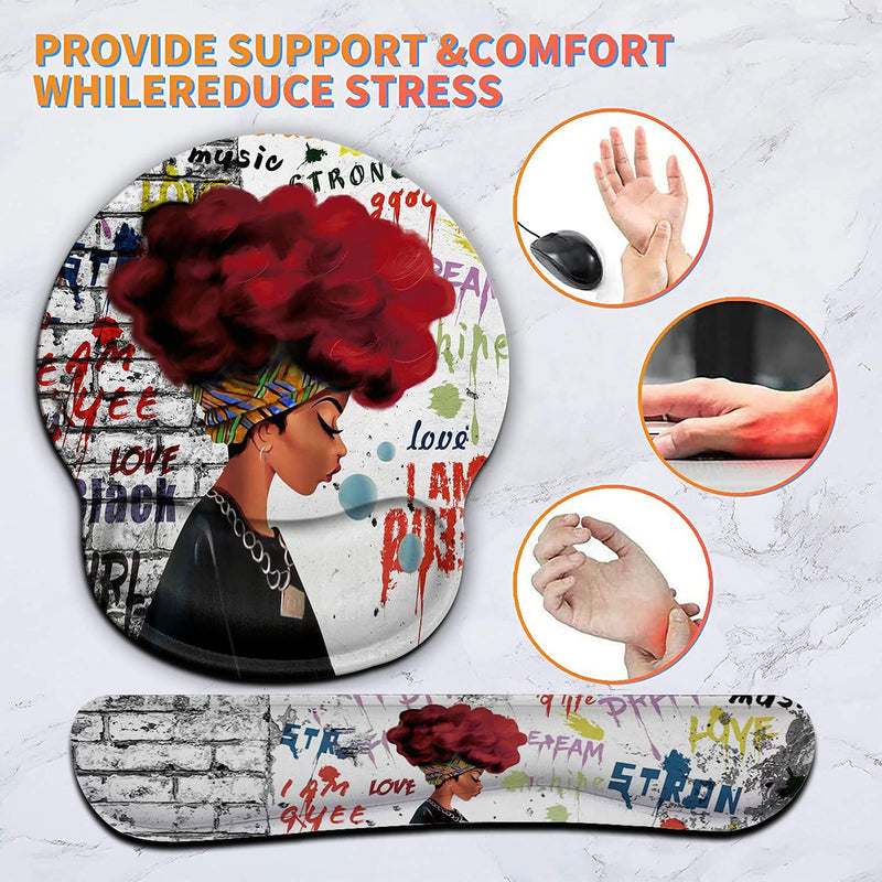 [Australia - AusPower] - Ergonomic Mouse Pad Wrist Support Gel and Keyboard Wrist Rest Set for Laptop, Mac, Gaming and Office, Durable, Comfortable and Pain Relief + Coaster, African Black Woman Graffiti Girls 