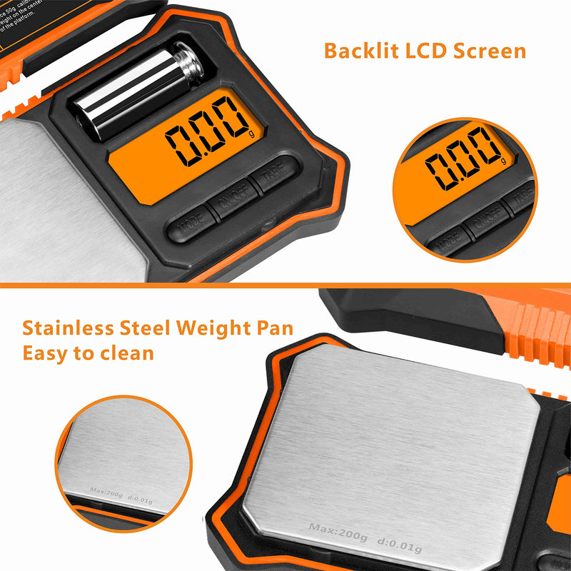 [Australia - AusPower] - Fuzion Digital Pocket Scale, 200g x 0.01g Jewelry Gram Scale, 6 Units Conversion, LCD Back-Lit Display, Use for Jewelry/Medicine/Food/Powder/Herb(Battery Included) Orange 