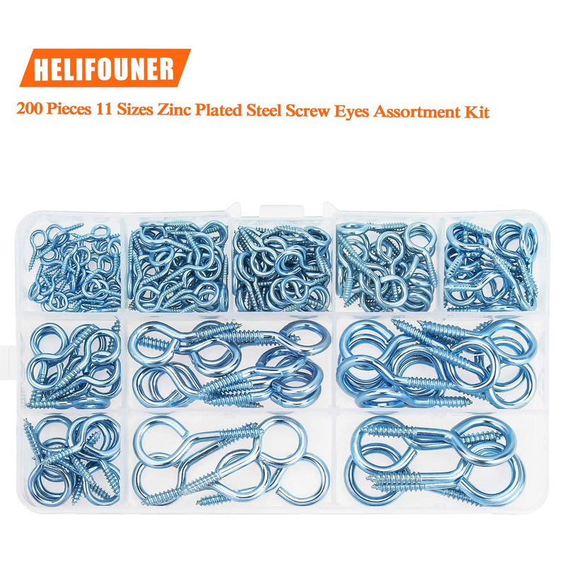 [Australia - AusPower] - HELIFOUNER 200 Pieces 11 Sizes Zinc Plated Steel Screw Eyes Assortment Kit 
