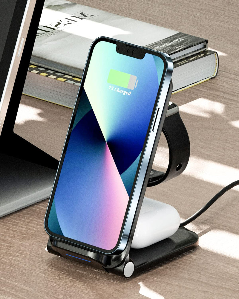 [Australia - AusPower] - Wireless Charging Station, HeanYosn Foldable 15W 3 in 1 Fast Wireless Charger Stand Dock Compatible with iPhone 13/Pro/Max/12/11/XS/XR/X/8, Apple Watch 7/6/SE/5/4/3/2, AirPods Pro/2 OJD-76-Black 