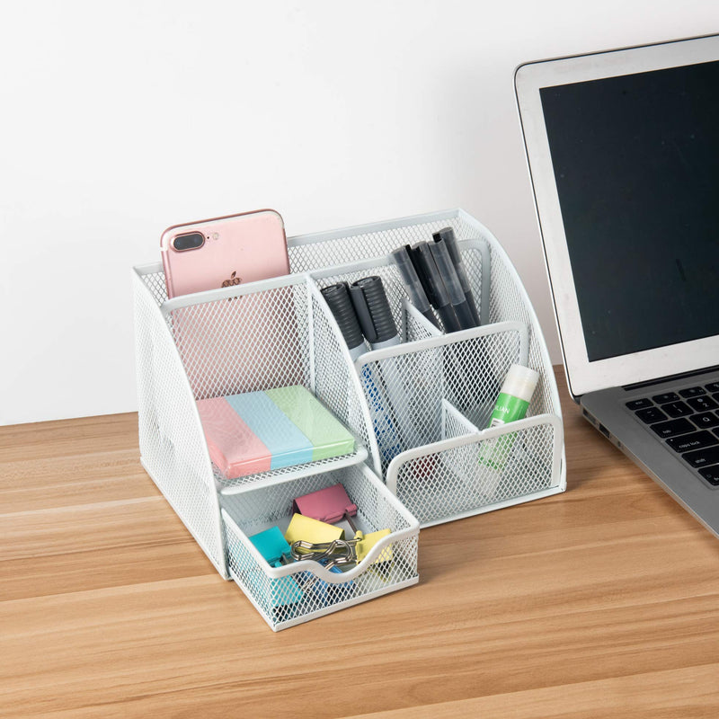 [Australia - AusPower] - VANRA Office Supply Caddy Metal Mesh Desktop Supplies Organizer School Supply Holder Stuff Storage Organizer 6 Compartments with Drawer (White) White 