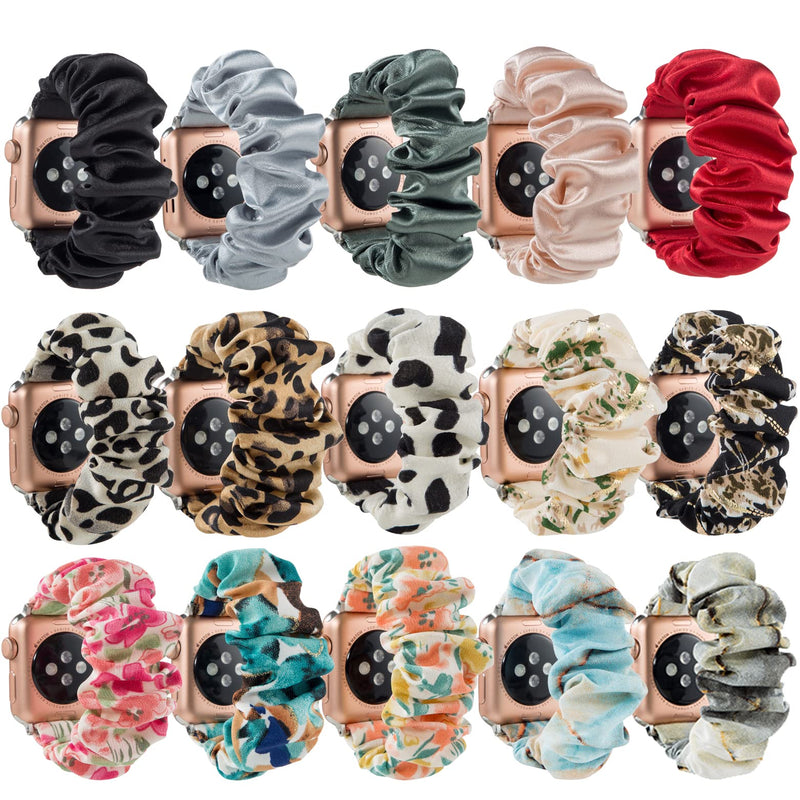 [Australia - AusPower] - 3/2 Packs Compatible with Apple Watch Band Scrunchies 38mm 41mm 42mm 40mm 44mm 45mm for Women,Elastic Flower Leopard Bracelet Wristband Compatible for Apple iWatch Series 7 6 5 4 3 2 1 SE,Soft and Easy to Wear 42mm/44mm/45mm M/L Flower/Green/Black 