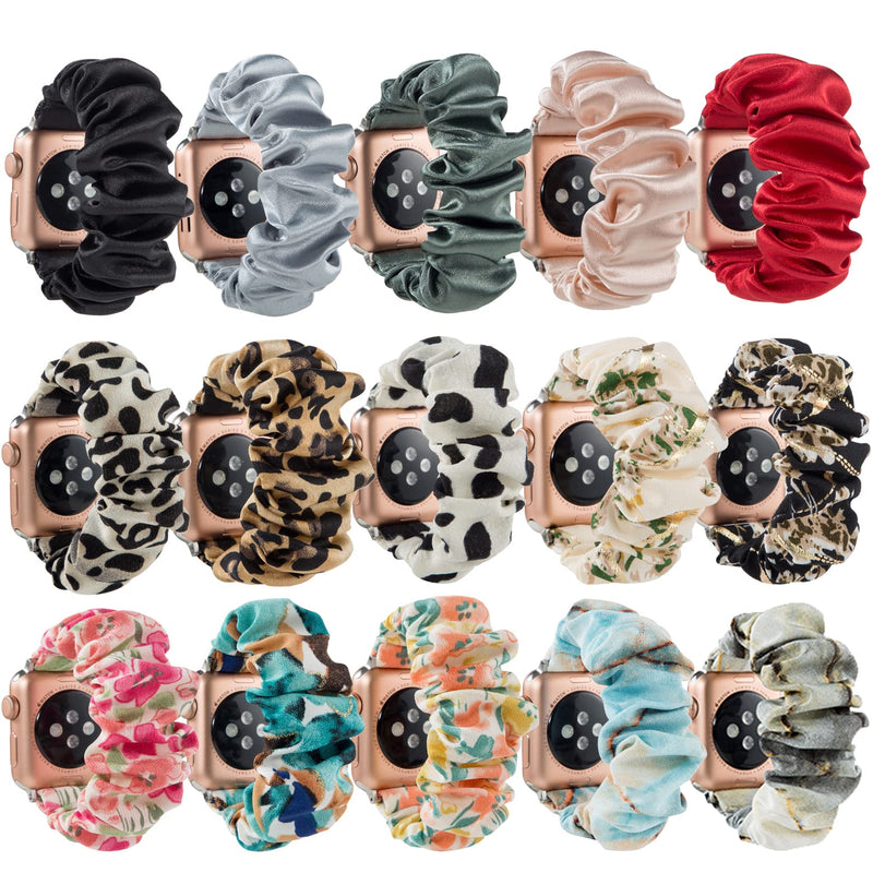 [Australia - AusPower] - 3/2 Packs Compatible with Apple Watch Band Scrunchies 38mm 41mm 42mm 40mm 44mm 45mm for Women,Elastic Flower Leopard Bracelet Wristband Compatible for Apple iWatch Series 7 6 5 4 3 2 1 SE,Soft and Easy to Wear 42mm/44mm/45mm S/M Flower/Green/Black 