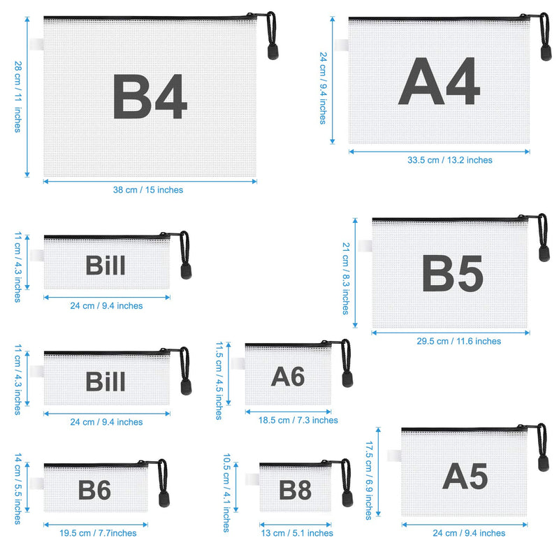 [Australia - AusPower] - JARLINK 18 Pack 8 Sizes Zipper Mesh Pouch, Waterproof Zipper File Bags Document Pouch Multipurpose Travel Bags for Office Supplies Cosmetics Travel Accessories black 