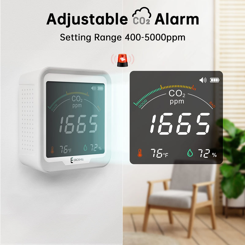 [Australia - AusPower] - ERICKHILL CO2 Monitor, Real Time CO2 Detector to Test Temperature and Relative Humidity, Air Quality Monitor for CO2, Hanging CO2 Meter with Adjustable Alarm for Home, Grow Tents, Wine Cellars 