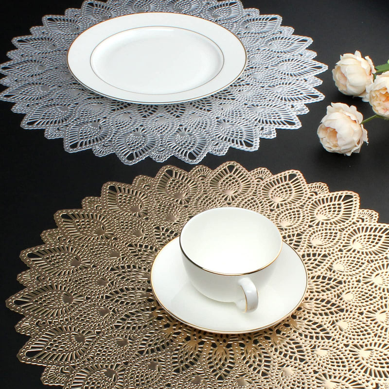 [Australia - AusPower] - Mabbcoo Gold Round Placemats, Hollow Out Washable and Wipeable Place Mats, Pressed Vinyl Table Mats Set of 6 for Anniversary Dinner Kitchen Decorations 6Pcs Round 