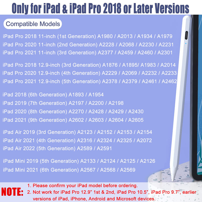 [Australia - AusPower] - Stylus Pen for iPad with Tilt Sensitive & Palm Rejection, Active Pencil Compatible with (2018-2022) Apple iPad Pro 11/12.9 Inch, iPad 10.2 7/8/9th Generation, iPad Air 3rd/4th/5th, iPad Mini 5/6th Gen 