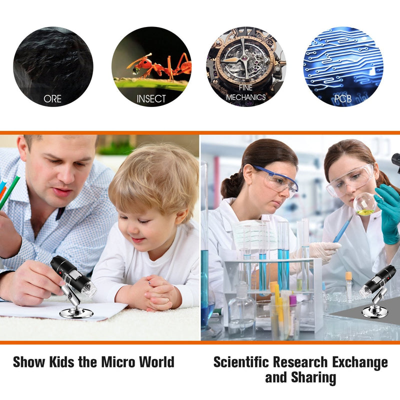 [Australia - AusPower] - Bysameyee USB Microscope, Digital Handheld 40X-1000X Magnification Endoscope Mini Video Camera with 8 Adjustable LED Lights, Compatible with Windows 7/8/10/11 Mac Linux Android (with OTG) USB/Micro-USB 