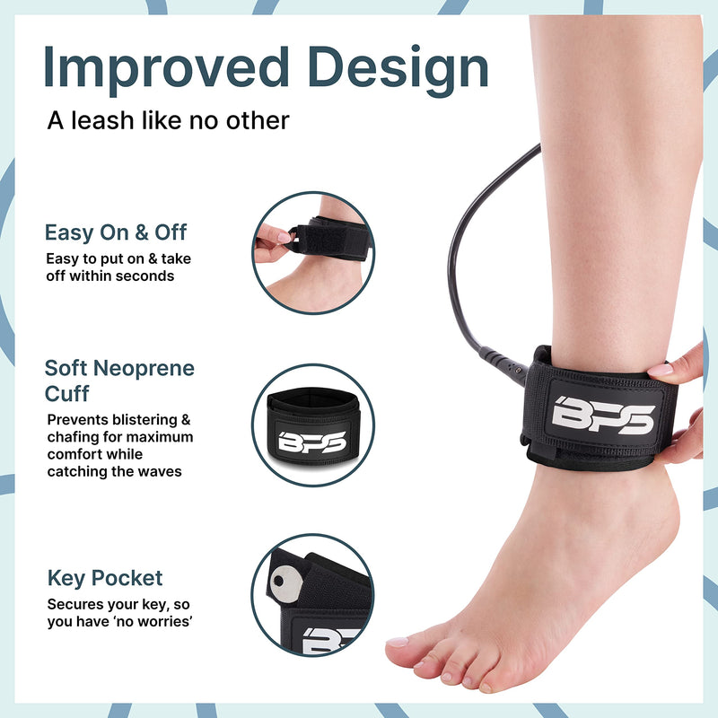 [Australia - AusPower] - BPS 'Storm' Premium Surfboard Leash - Straight Surf Board Leashes 5/6/7/8/9/10 ft, 7.2mm 8mm Thick Legrope for Shortboard, Longboard, Paddleboard Black (7.2mm) 6 ft 