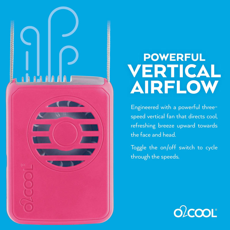 [Australia - AusPower] - O2COOL Rechargeable Necklace Fan - Portable Hanging Neck Fan with Adjustable Lanyard - 3 Speed Vertical Air Flow – Micro USB Charging Cable Included, 2 Pack (Raspberry) Raspberry 