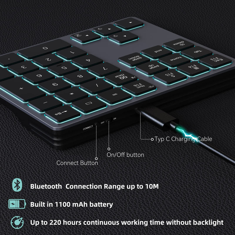 [Australia - AusPower] - Doohoeek Backlit Bluetooth Numeric Keypad for Laptops and Computers, Number Pads 34 Keys with 7-Color Backlight for MacBook & Windows, Gray Space Grey 