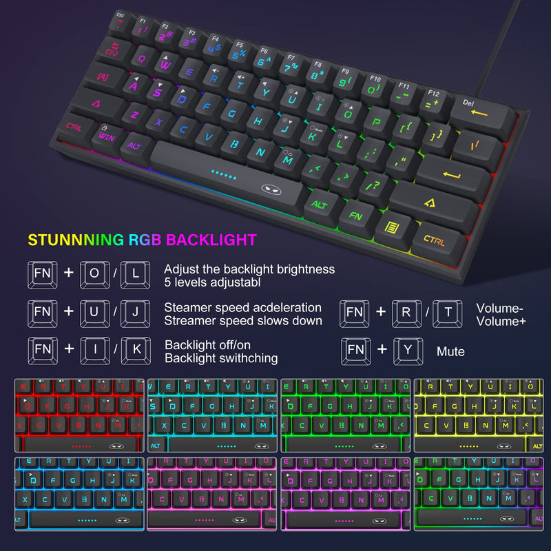 [Australia - AusPower] - Mini 60% Gaming Keyboard, RGB Backlit 61 Key Ultra-Compact Keyboard, MageGee TS91 Ergonomic Waterproof Mechanical Feeling Office Computer Keyboard for PC, MAC, PS4, Xbox ONE Gamer(Black) Black 