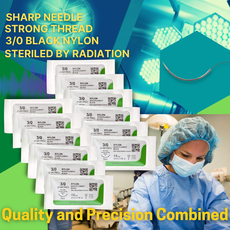 [Australia - AusPower] - 3-0 Sterile Sutures Thread with Needle (Black Monofilament) - Medical and Nursing Student's Surgical Practice Suture Kit, Training with Stitching Pad, First Aid Field Emergency Demo, Vet Use 