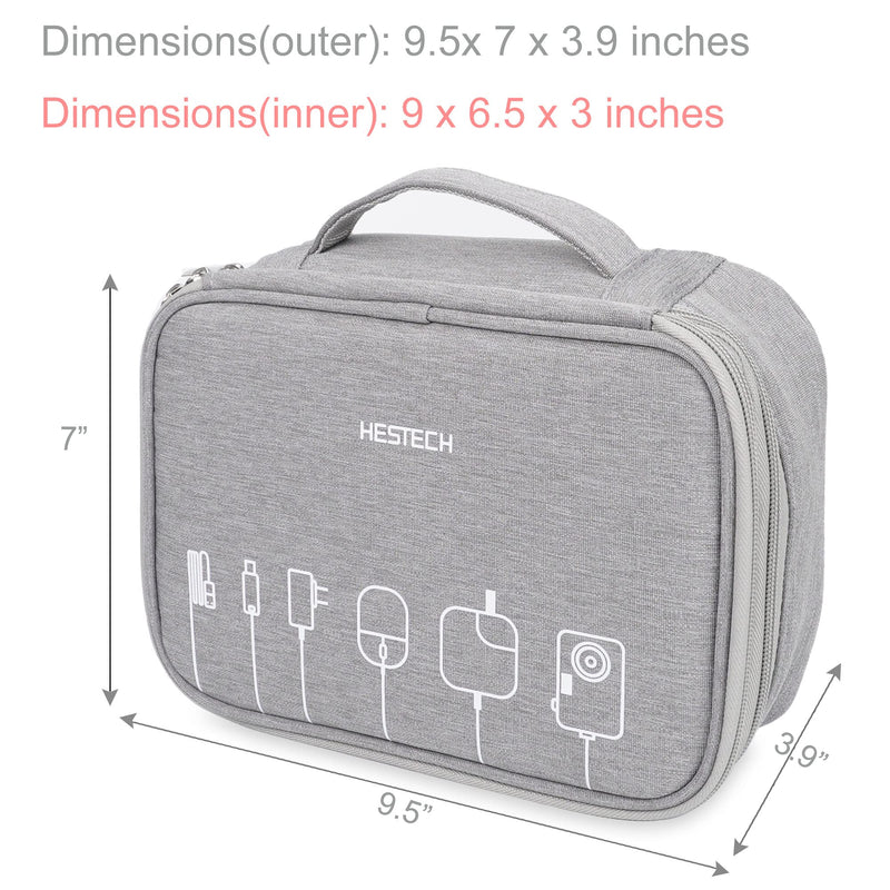 [Australia - AusPower] - HESTECH Electronics Organizer Cable Storage Charger Bag Travel Waterproof Portable Cord Case for USB SD Flash Card Hard Drive Power Adapter Bank Phone Tablet Ipad Mini Accessories,Double Layers Grey L-Grey L-Double Layers-9*6*3.9 Inches 
