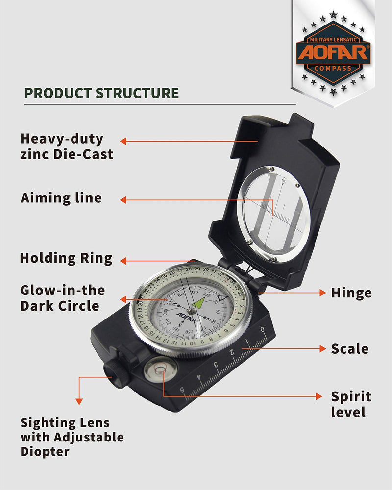 [Australia - AusPower] - AOFAR Military Compass,AF-4580 Lensatic Sighting, Waterproof and Shakeproof with Map Measurer Distance Calculator, Pouch for Camping, Hiking 