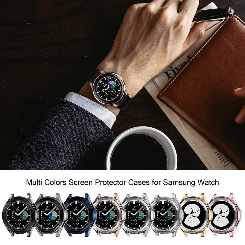 [Australia - AusPower] - [8+8] Pack Case with Screen Protector for Samsung Galaxy Watch 4 Classic 46mm,JZK Solf TPU Protective Bumper Case + Tempered Glass Screen Protector Film for Galaxy Watch 4 Classic 46mm Accessories Black+Silver+Rose gold+Clear+Gray+Blue+Gold+Pink 