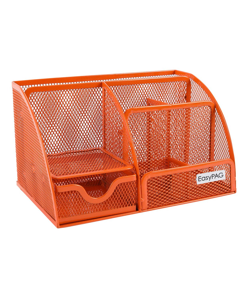 [Australia - AusPower] - EasyPAG Mesh Desktop Organizer 6 Compartment Office Desk Organizers Supply Caddy with Drawer, Orange 
