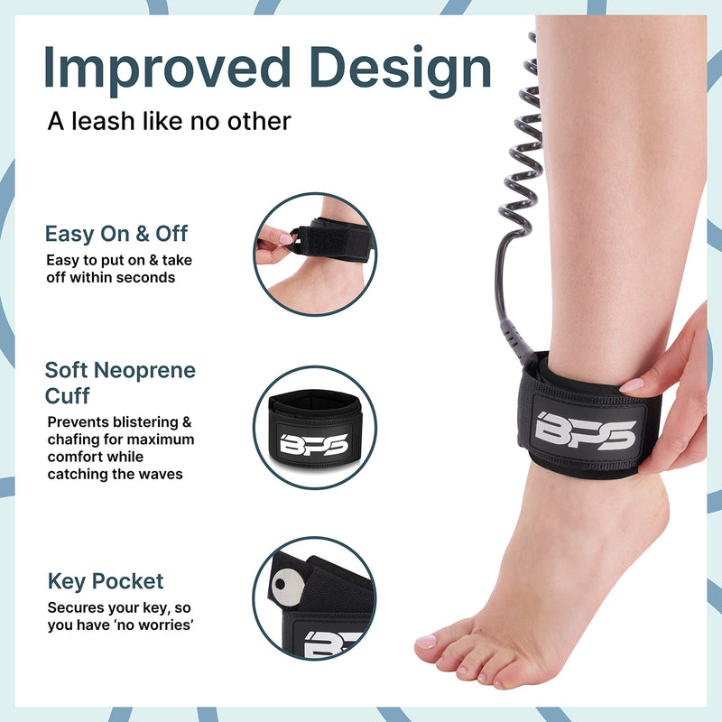 [Australia - AusPower] - BPS 'Storm' Premium Surf SUP Leash 10 Foot Coiled Leash – Choose Color and Bundle Black SUP Leash with Waterproof Waist Bag 