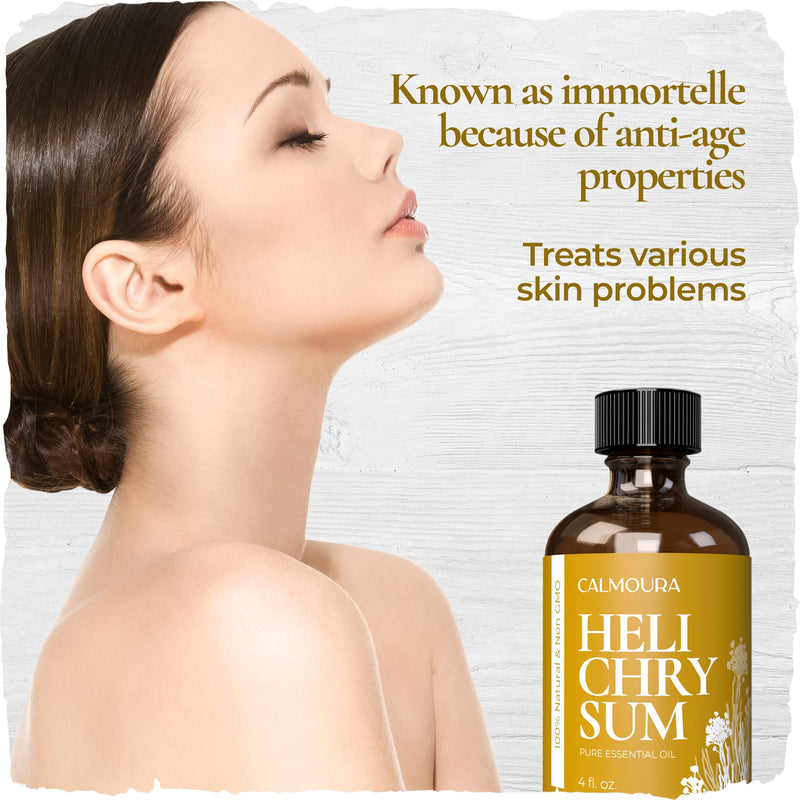 [Australia - AusPower] - Calmoura Helichrysum Essential Oil Therapeutic Grade (4 oz | 118 ml) — Pure Helichrysum Essential Oil Organic for Skin — Premium Undiluted Pure Essential Oil Helichrysum Italicum Diffuser Aromatherapy, Skin Care, Massage, Relaxing & Soothing Oil 
