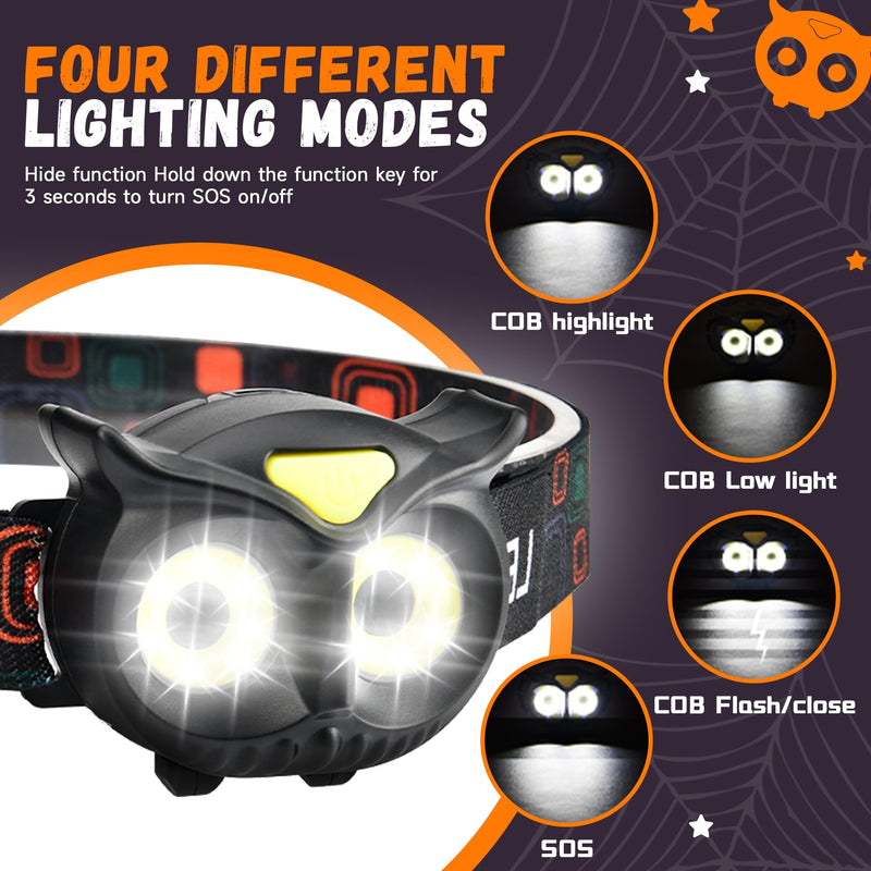 [Australia - AusPower] - PINSAI LED Headlamp, Owl Headlight for Kids Leightweight, COB Head Lamp, 4 Modes Battery Powered Head Lights for Boys, Girls, Adults, Gifts for Birthday, Party, Christmas 
