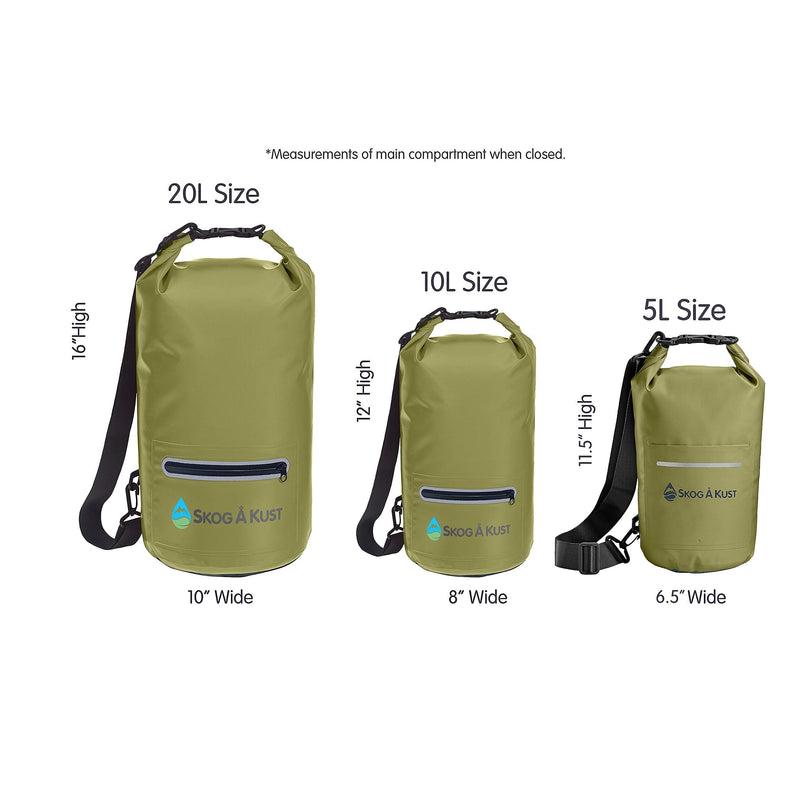 [Australia - AusPower] - Skog Å Kust DrySåk Waterproof Floating Dry Bag with Exterior Zippered Pocket | for Kayaking, Rafting, Boating, Swimming, Camping, Hiking, Beach, Fishing | 10L & 20L Sizes 5 Liter Army Green 5L 