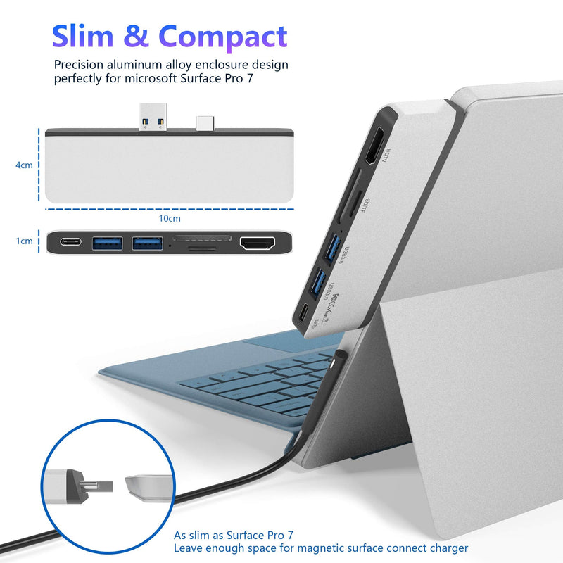 [Australia - AusPower] - Surface Pro 7 USB C Hub, 6-in-2 Aluminum Surface Pro 2019 Dock with 4K HDMI Adapter+ USB C Audio & Data Transfer Port +2 USB 3.0+SD/TF Card Reader, Converter Combo Adaptor for Microsoft Surface Pro 7 