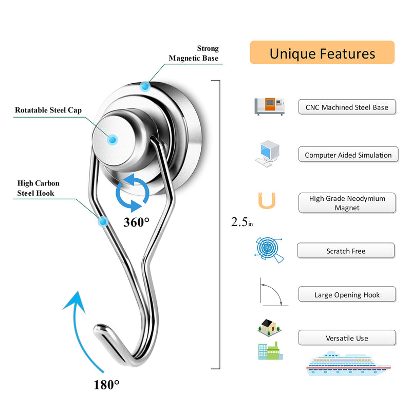 [Australia - AusPower] - Neosmuk Magnetic Hooks, 60 lb+ Heavy Duty Neodymium Magnet for Hanging, Fridge, Grill, Pot Holders, Magnetic Hanger Swivel Swing for Locker, Toolbox, Classroom Cruise Cabins (White, Pack of 6) 