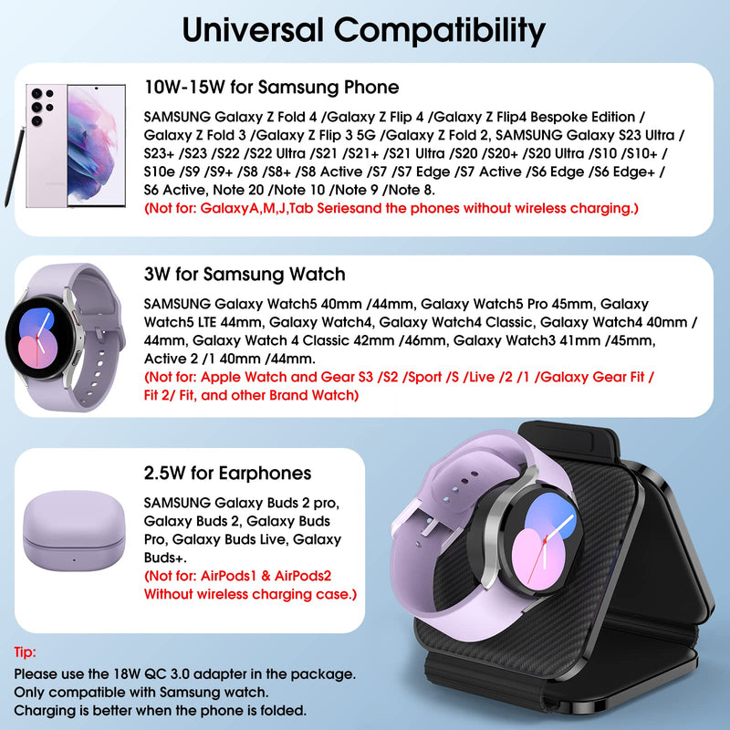[Australia - AusPower] - Pocket Wireless Charger for Samsung Android Phone, Fast Foldable Travel Wireless Charging Station Stand Compatible for Samsung Galaxy Watch/Buds Pro/for Samsung S23 Ultra/S22/S21/Z Flip 4/3 Fold 4/3 Black 