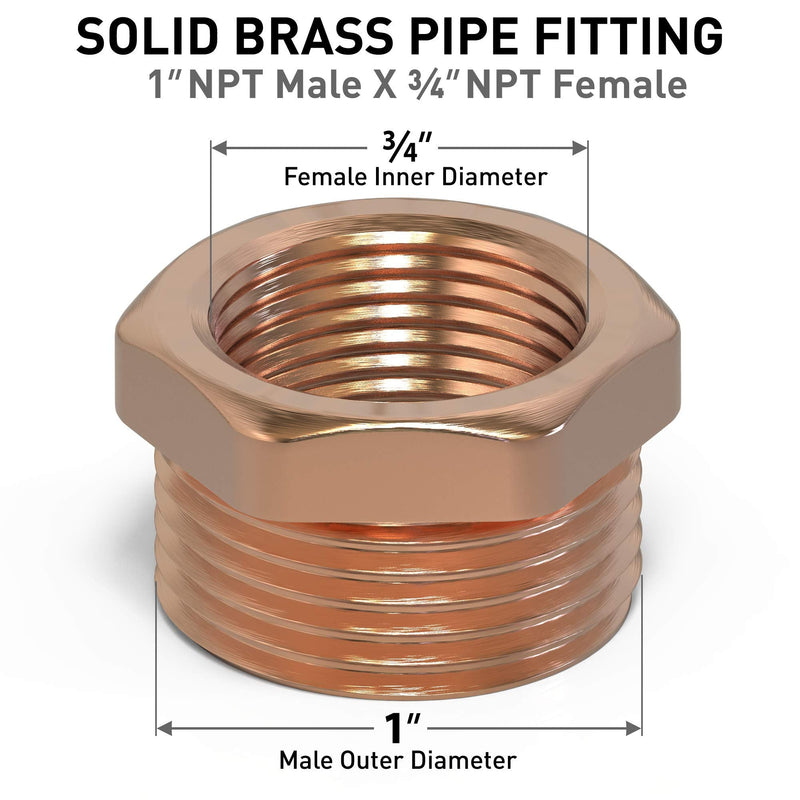 [Australia - AusPower] - Brass Bushing 1" Male x 3/4" Female Threaded Brass Reducer Bushing Pipe Fittings 1inch x 0.75 inch 