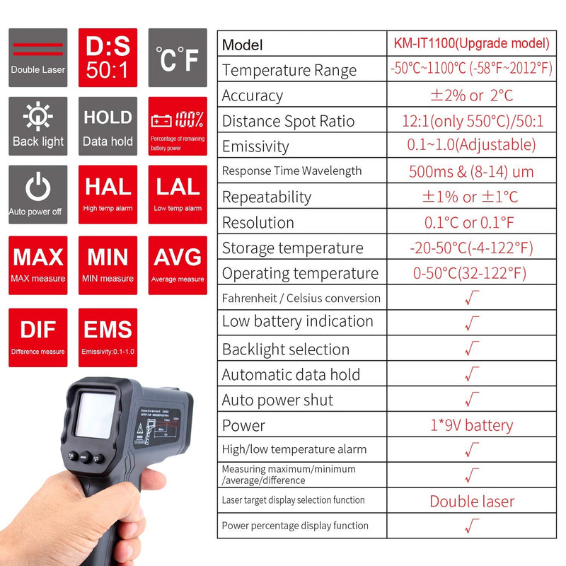 [Australia - AusPower] - Kaemeasu Digital Infrared Thermometer -58℉-2012℉ (-50℃ to 1100℃) Dual Laser Multipurpose Temperature Gun,High/Low Temperature/Max/Min/Average/Difference Measuring,Power Percentage Display KM-IT1100 
