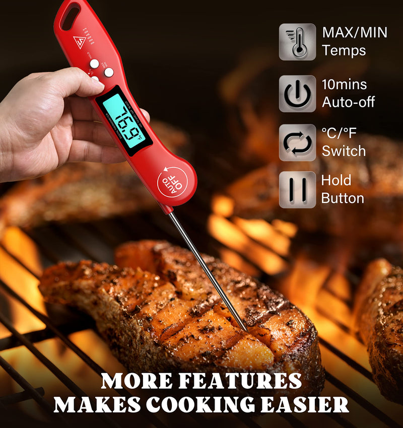 [Australia - AusPower] - DOQAUS Digital Meat Thermometer, Instant Read Food Thermometer for Cooking, Kitchen Thermometer Probe with Backlit & Reversible Display, Cooking Thermometer Temperature for Turkey Grill BBQ Candy Light Red 