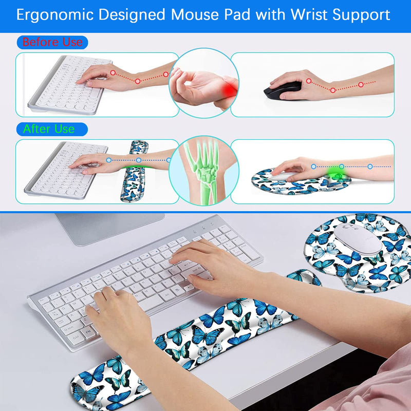 [Australia - AusPower] - Mouse Pad Wrist Support and Keyboard Wrist Rest Pad with Coaster,Non-Slip Rubber Base Ergonomic Gaming Mousepad for Home Office Working Studying Easy Typing & Pain Relief,Blue Butterflies Blue Butterflies 