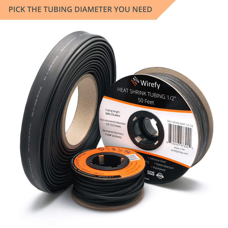 [Australia - AusPower] - Wirefy 1/4" Heat Shrink Tubing - 3:1 Ratio - Adhesive Lined - Industrial Marine Heat Shrink Tubing Roll - Black - 50 Feet Roll 1/4" - 50 Feet 