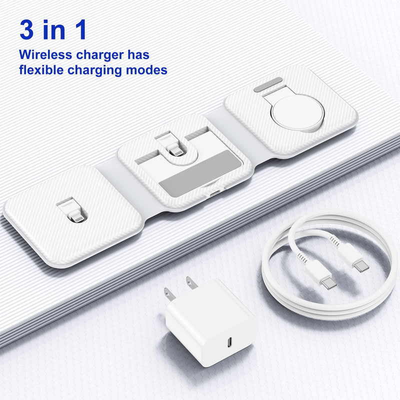 [Australia - AusPower] - Wireless Charger 3 in 1, iPhone Wireless Charger, Foldable Wireless Travel Charging Station Multiple Devices, Fast Charging for iPhone 14/13/12/11 Pro/Max,iWatch,AirPods 3/2/Pro(Adapter Includes) White 3 in 1+adapter with 3ft cable 